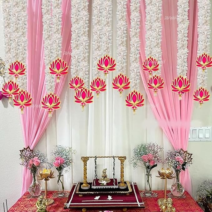 Divyakosh Lotus Hanging 7 Pcs with White Artificial Flowers, 3 ft Each, Handmade Wall Decoration LotusHanging